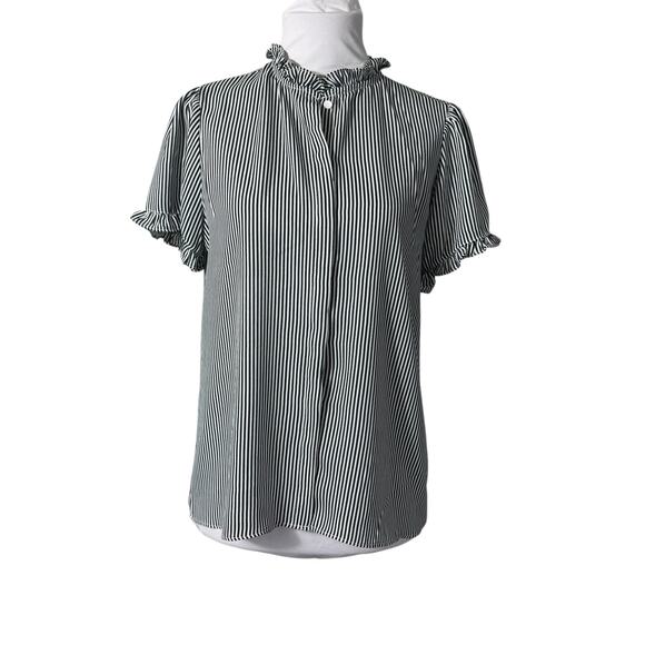 New with Tags T Tahari Black White Striped Button Down Ruffle Blouse S - Picture 2 of 6